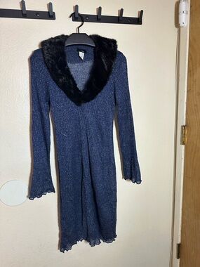 Vintage y2k Toska Navy Blue long Knit Cardigan with Black Faux Fur Trim